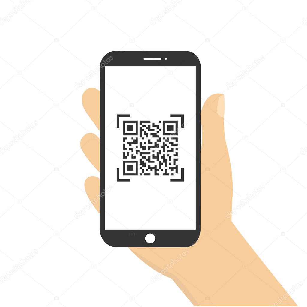 Mobile phone in hand app scan QR code. Online shopping concept. Digital pay without money by phone in arm. Vector illustration isolated on white