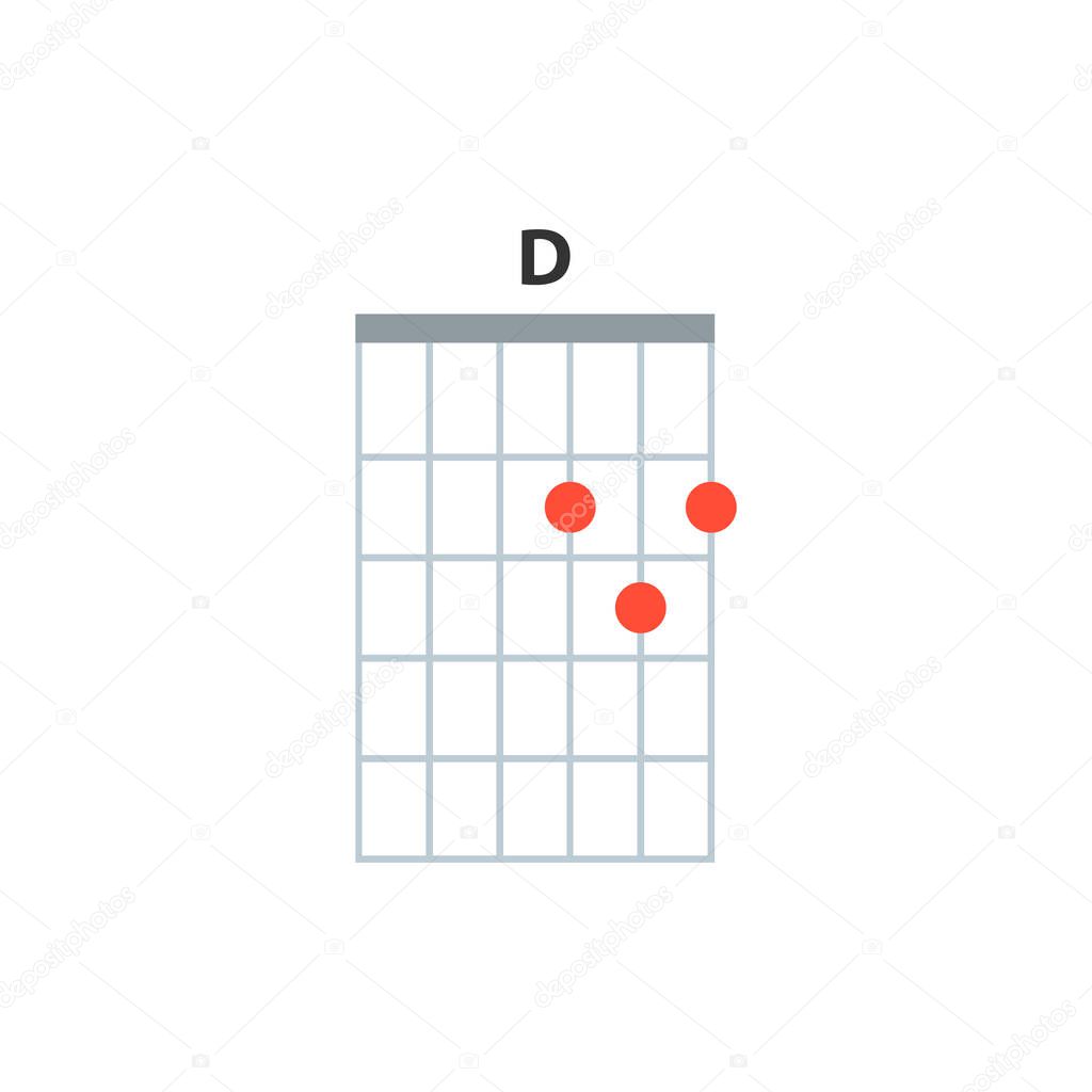 D guitar chord icon. Basic guitar chords vector isolated on white. Guitar lesson illustration.