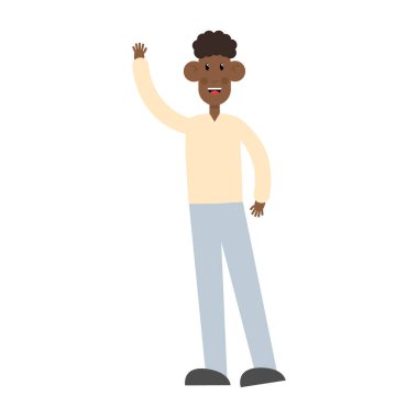 Elini kaldırmış genç bir Afrikalı. Çalışan ayakta duruyor ve el vektörüyle el sallıyor. Beyaza izole edilmiş. Amerikan kıvırcık öğrenci karakteri başarıyı kutluyor. Hoş bir jest çizimi