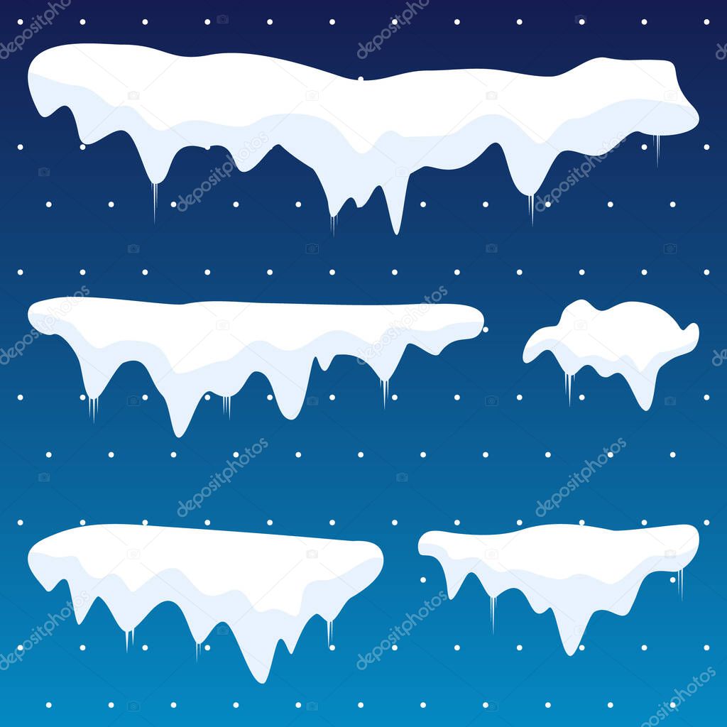 Snowballs and snow drifts winter decoration vector set. Snow caps collection illustration isolated on blue background. Christmas snowy elements.