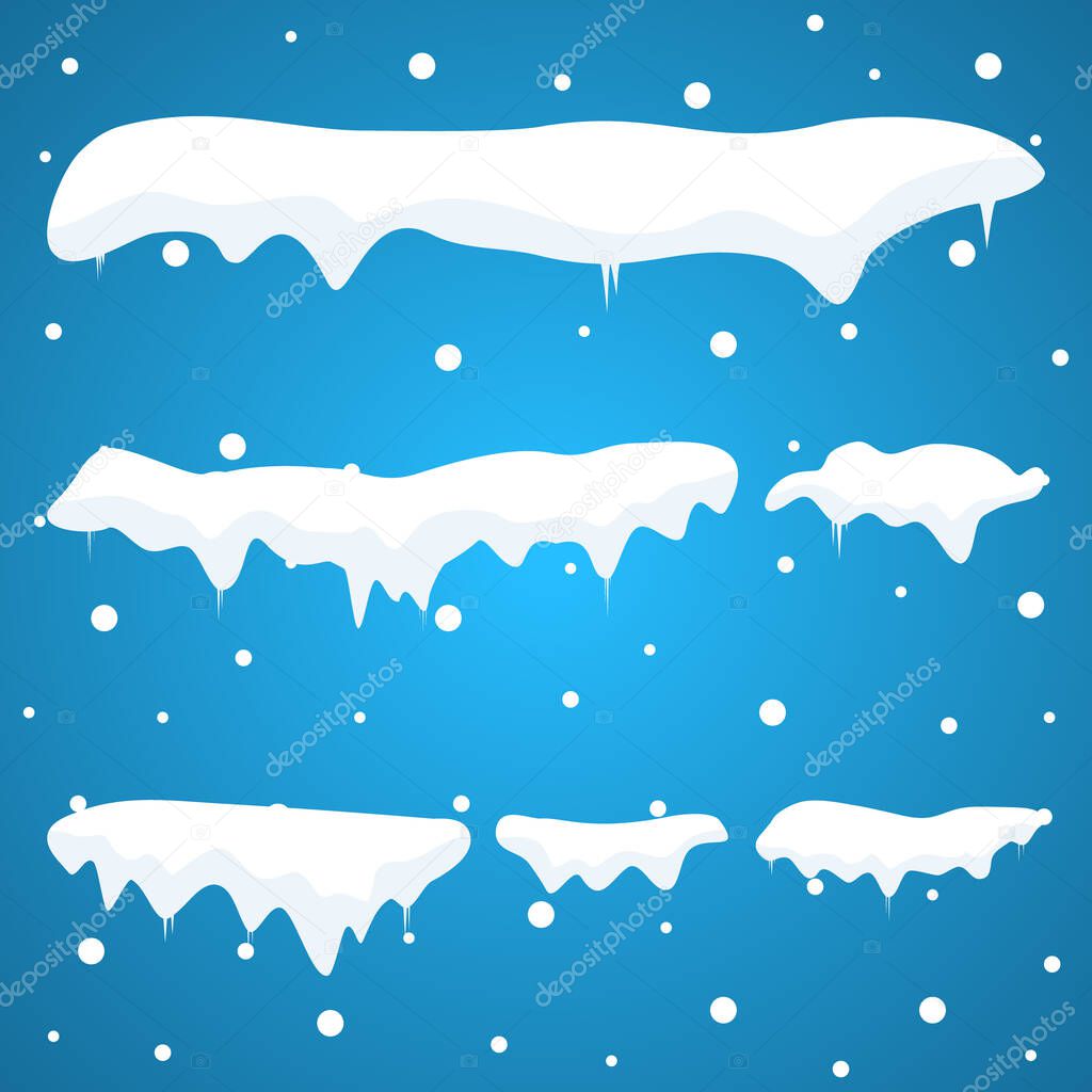 Snowballs and snow drifts winter decoration vector set. Snow caps collection illustration isolated on blue background. Christmas snowy elements.