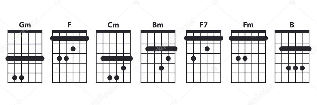 Guitar chords icon set. Guitar lesson vector illustration isolated on white. Basic chords Gm, F, Cm, Bm, Fm, B, F7 collection. Tabulation.