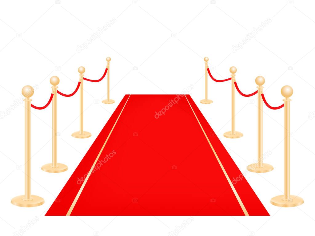 Red carpet and golden barriers vector illustration isolated on white. VIP ceremony celebration for celebrity. 