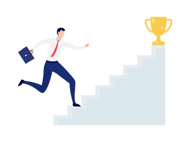 Kariyer merdiveni çizimi yapan bir iş adamı. İşçi merdivenlerden çıkıp altın kupa kupasına gidiyor..