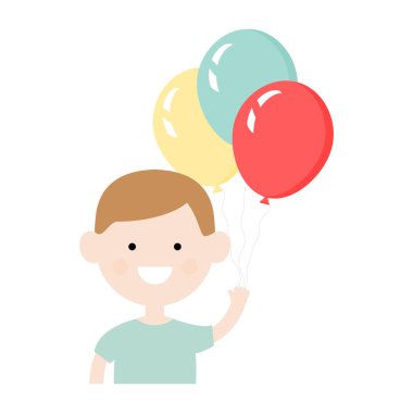 Küçük şirin çocuk renkli balonlar tutuyor. Mutlu çocuk olay vektör illüstrasyonunu beyaza izole etti