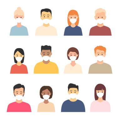 Tıbbi maske takan bir grup çok kültürlü kadın ve erkek. Hastalık, grip, hava kirliliği, dünya kirliliği, salgın konsepti. Beyaz üzerinde izole edilmiş düz bir şekilde vektör illüstrasyon insan avatarı.