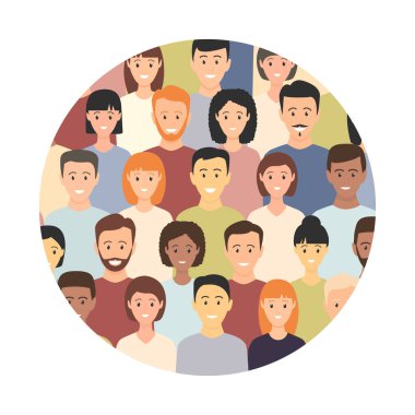 Bir arada (Avrupalı, Asyalı, Amerikalı) çeşitli çok kültürlü insan grupları yuvarlak şekildeler. İnsan sosyal çeşitliliği kalabalık vektör illüstrasyonu.