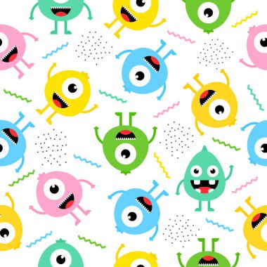 Kusursuz desenli çizgi film sevimli canavarlar arka planı. Cadılar Bayramı tasarım vektör çizimi beyaz arkaplanda izole