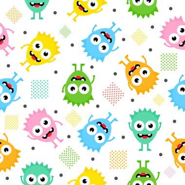 Kusursuz desenli çizgi film sevimli canavarlar arka planı. Cadılar Bayramı tasarım vektör çizimi beyaz arkaplanda izole