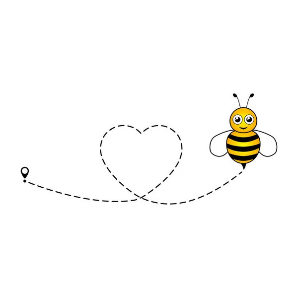 かわいい蜂の飛行アイコン 心臓は白い背景に隔離された出発点とダッシュライントレースと線のパスを点線 — ストックベクタ