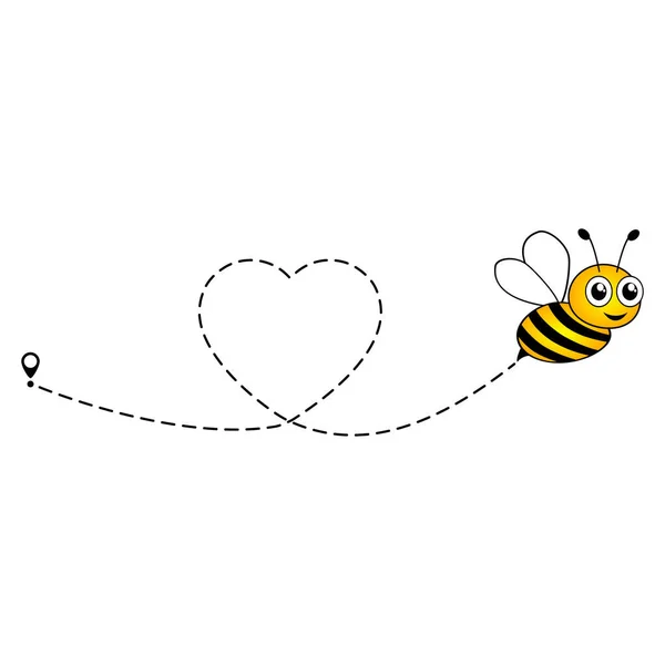 可爱的蜜蜂飞行图标 心点缀线路径 起点和冲刺线在白色背景上隔离 — 图库矢量图片
