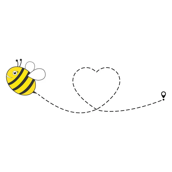 Cute Bee Flying Icon Heart Dotted Lines Path Start Point — Stock Vector