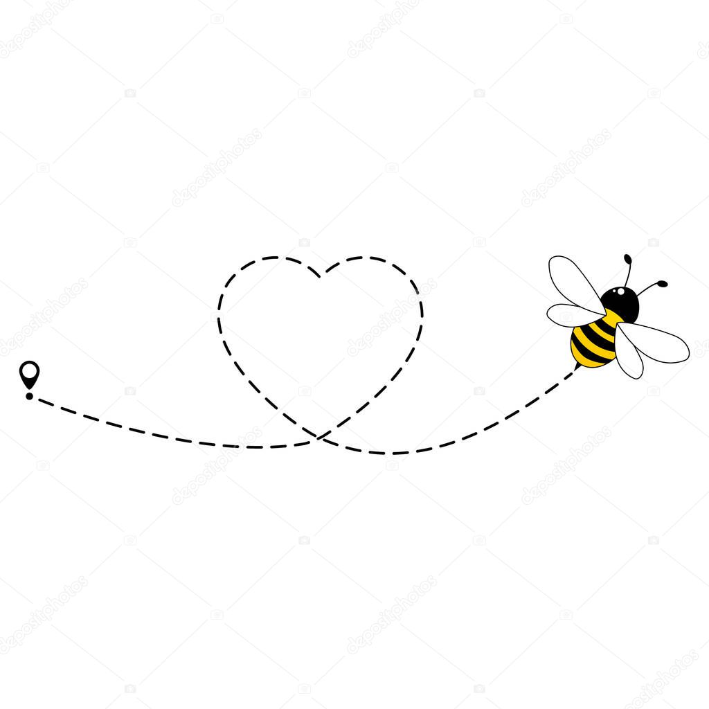 Cute bee flying icon. Heart dotted lines path with start point and dash line trace isolated on white background.