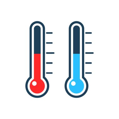 Termometre simgesi beyaza izole edildi. Tıbbi cihaz vektör çizimi. Kırmızı ve mavi termometre ayarlandı.