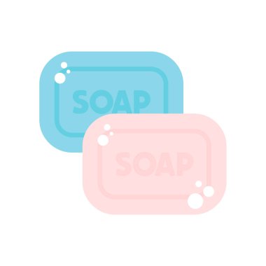 Pembe ve mavi sabun ikonu seti. Köpük vektör illüstrasyonlu sabun çubuğu beyaz üzerine izole edildi