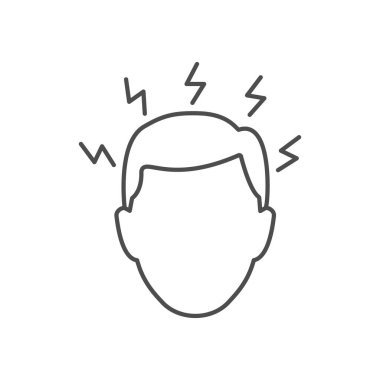 Migren doğrusal simgesi. Yıldırım gribi semptomu olan insan kafası. Baş ağrısı sembolü. Stres vektör illüstrasyonu beyazda izole edildi