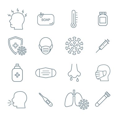 Coronavirus koruma hattı simgeleri ayarladı. Beyazda izole edilmiş virüs konseptini durdur. Tıbbi unsurları virüsten, hava kirliliğinden, gripten ve toz örneklerinden korumak beyaza izole edilmiş..