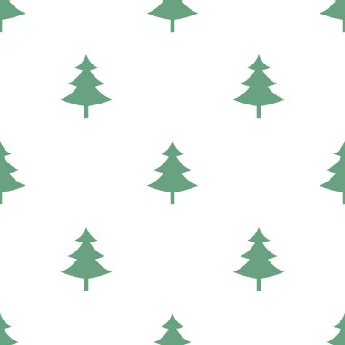 Noel ağacı desenli, pürüzsüz beyaz arka plan. Yeşil Orman Ağaçları vektör çizimi.