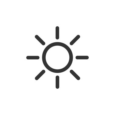 Güneş ikonu. Parlaklık güneşi siyah ana hatlı vektör çizimi beyaz üzerine izole edilmiş. 