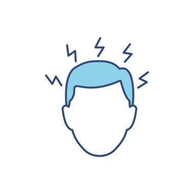 Migren doğrusal simgesi. Yıldırım gribi semptomu olan insan kafası. Baş ağrısı sembolü. Stres vektör illüstrasyonu beyazda izole edildi