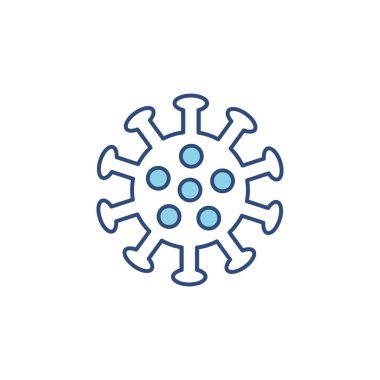 Virüs çizgisi mavi simgesi. Beyaz üzerinde izole Corona virüs temsili, kabartma biçiminde mikrop veya bakteri anahat sembolü.