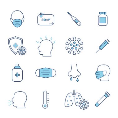 İlaç koruma hattı mavi set simgeleri. Beyazda izole edilmiş virüs konseptini durdur. Tıbbi unsurları virüsten, hava kirliliğinden, gripten ve toz örneklerinden korumak beyaza izole edilmiş..