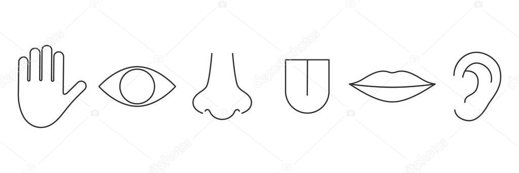 Human senses line icon set. Vector illustration people part of body. Hand, eye, nose, tongue, lips and ear.