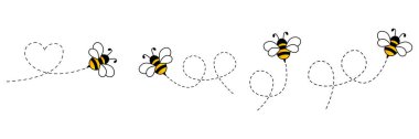 Cartoon bee icon set. Bee flying on a dotted route isolated on the white background. Vector illustration. clipart