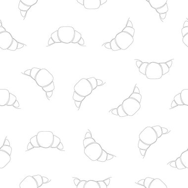 Çikolata sıralı kruvasan desenli. Beyaz arka plan ve doğrusal kruvasan simgesi. Vektör illüstrasyonu.