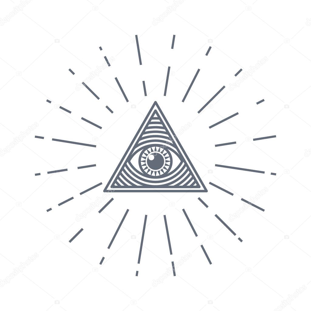 Human world eye with rays. Illuminati logo. World order symbol all-seeing eye of providence. Masonic Lodge vector illustration isolated on white background