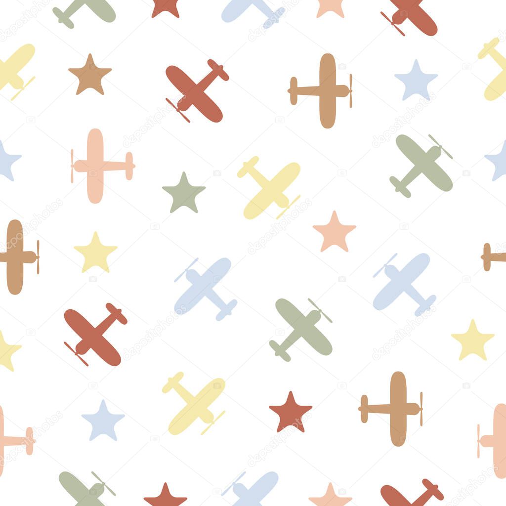 Plane flying seamless pattern. White child airplane color background. Vector illustration.