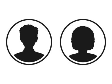 Erkek ve kadın baş iş silueti simgesi seti. Beyaz üzerinde izole edilmiş çizgi çemberindeki insan siyah avatar vektörü. Erkek ve kadın profil çizimi.