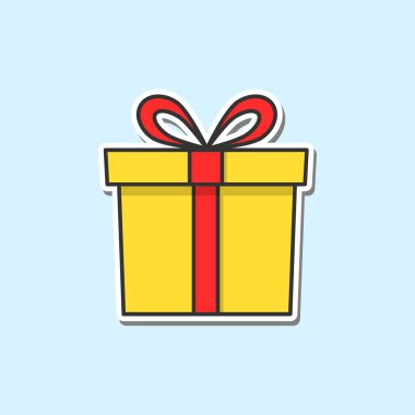 Hediye kutusu simgesi. Çıkartma sürprizi sarı sembol çizimi mavi arkaplanda izole edildi