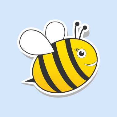 Şirin arı yassı ikonu. Çıkartmalı çizgi film arısı. Mavi arkaplanda vektör izole edildi.