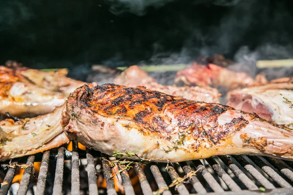 Fresh, delicious grilled lamb meat. Grilling lamb steak on BBQ. Close up view of grilling lamb steak