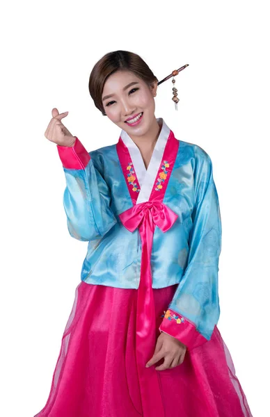 Coreano Ragazza Hanbok Coreano Abito Con Isolato Sfondo Amore Azione — Foto Stock