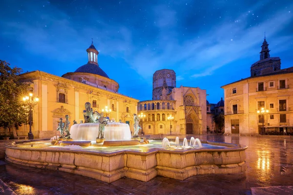 夜空と処女聖マリア バレンシア大聖堂 聖母聖堂 無力の広場に噴水リオ トゥリア — ストック写真