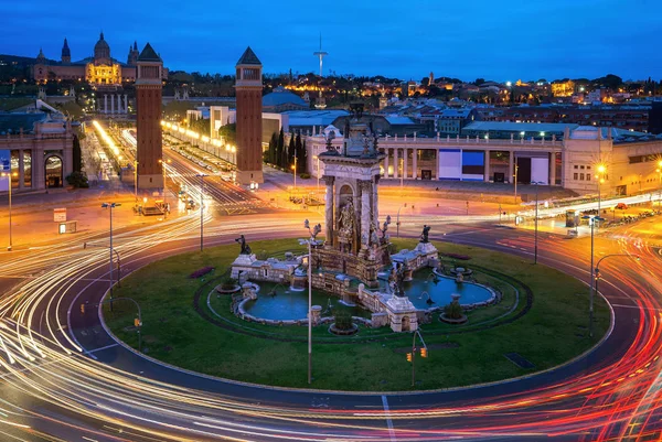 Španělské Náměstí Letecký Pohled Barceloně Španělsko Noci Známé Místo Semaforu — Stock fotografie