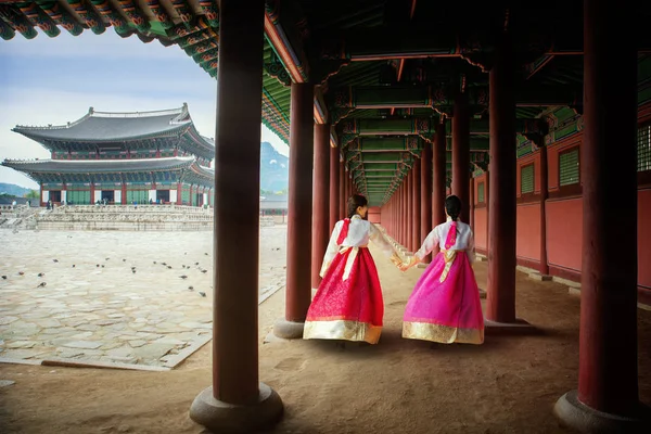 Korean Lady Hanbok Korea Gress Walk Ancient Town Gyeongbokgung Palace — Stock Photo, Image