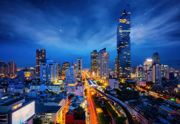 Bangkok Vista Nocturna Desde Silom Centro Negocios Transporte Bangkok Tailandia —  Fotos de Stock