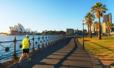 Sabah zamanında, Sydney, Avustralya liman Park'ta koşan bir adam