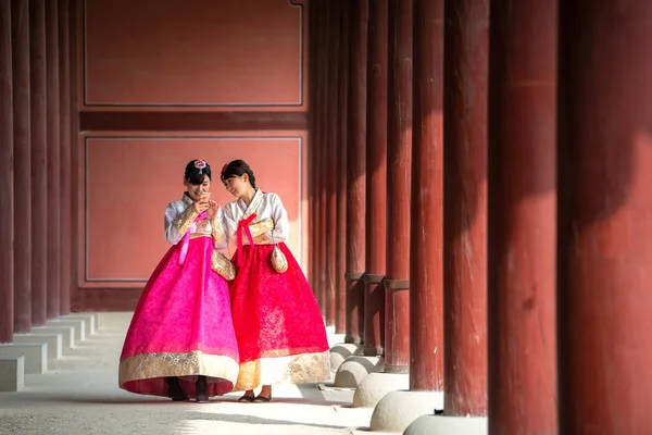 Koreanska Dam Hanbok Eller Korea Gress Och Promenad Stad Staden — Stockfoto