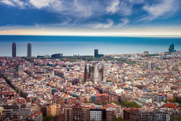 Barcelona city from the top view with sea and bach background, Barcelona, Spain