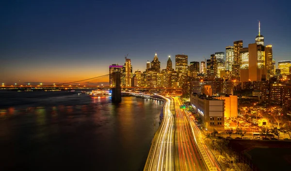 New York City Manhattan Skyline Panorama Night Hudson River Refelctions — Stock Photo, Image