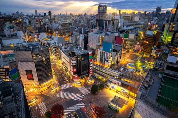 Road, Building and Shibuya Crossing from top view at twilight in Shibuya city with morning sunrise sky background, Tokyo, Japan