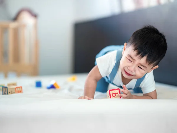 Asian Boy Cry Bed Room Wooded Toy Hand Want Play — Stock Photo, Image