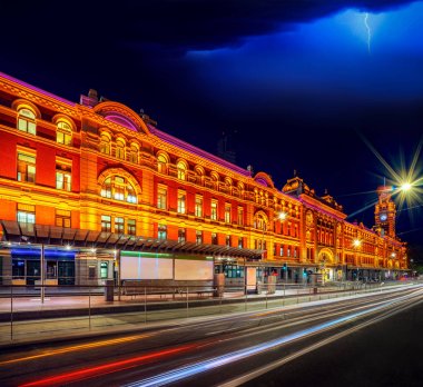 Flinder train street station at night in Melbourne in Australia