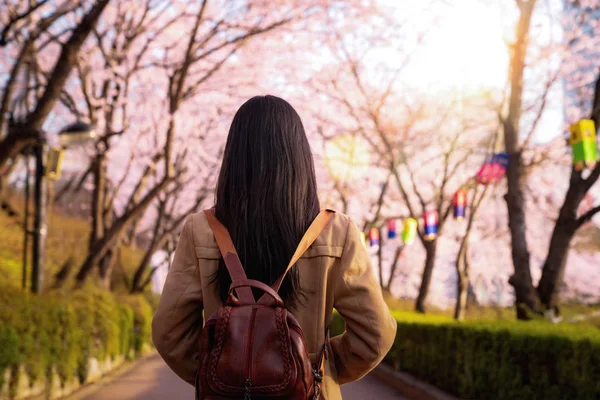 Asian Lady podróżować w Cherry Blossom Park w Seoul City — Zdjęcie stockowe