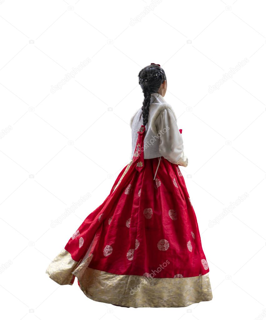 Korean girl in Korean tradition dress walking action