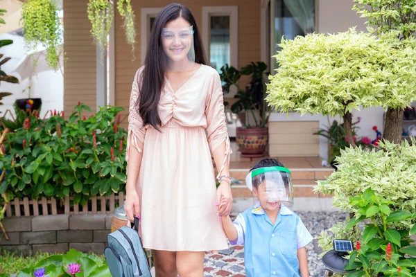 Coronavirus Covid Concept Asian Boy Mother Wearing Face Shield Mask — Stock Photo, Image